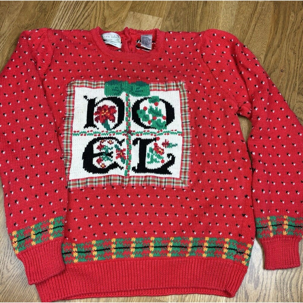 Vintage Christmas Sweater Northern Isle 80s NOEL  Handknitted red & green small